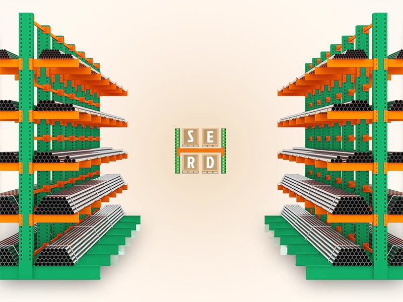 Two rows of industrial cantilever racks in green and orange, filled with stacked metal pipes and tubes, facing each other with a beige background