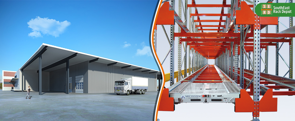 illustration-of-a-warehouse-and-a-moving-truck-and-red-and-silver-pallet-rack-in-background