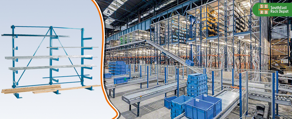 used-blue-cantilever-racks-and-pallet-racks-being-built-in-background