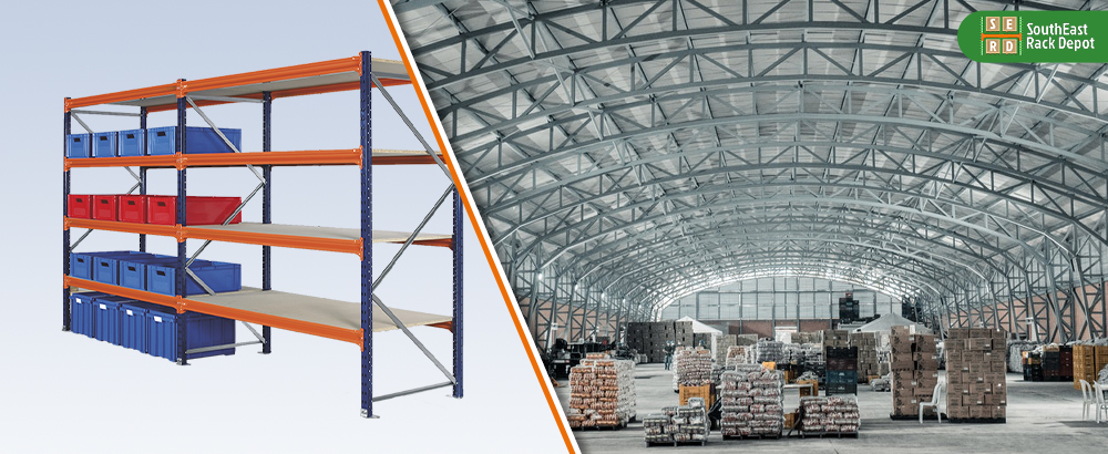 used-orange-and-blue-pallet-rack-with-stored-loads-and-warehouse-with-storage-boxes-in-background