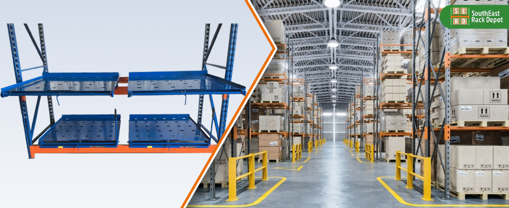 blue-and-red-roll-out-rack-with-warehouse-with-storage-pallet-racks-in-background Thumbnail Alt Text: