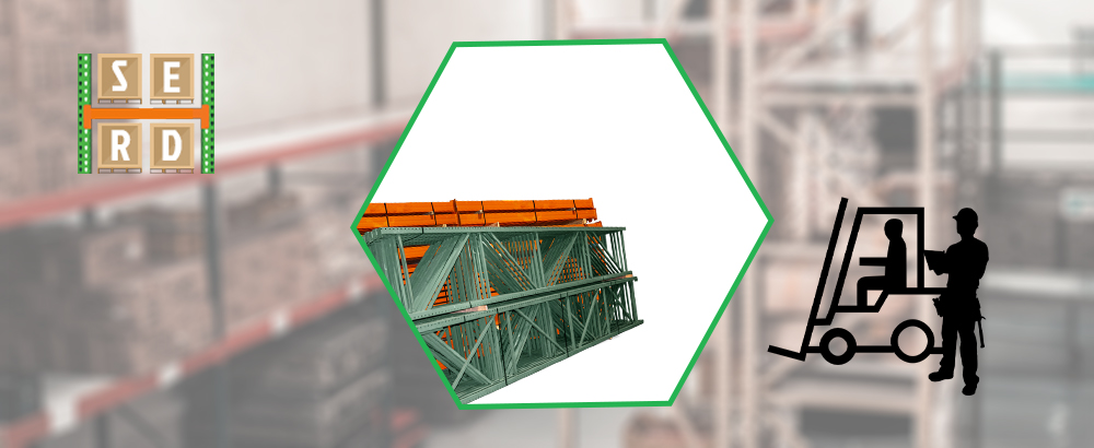 green-and-orange-colored-light-duty-shelving-with-assembled-blue-and-red-pallet-rack-in-background
