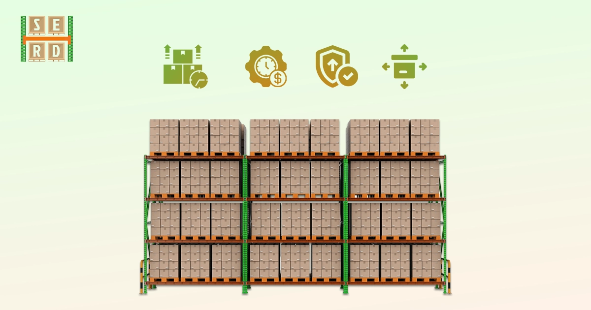 Banner for Southeast Rack Depot showing heavy - duty pallet racks loaded with boxes and four icons representing efficiency, cost - effectiveness, safety and organization.