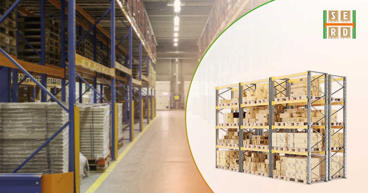 A split banner for Southeast Rack Depot showing a warehouse aisle on the left and a rendered image of heavy - duty pallet racks filled with boxes on the right.