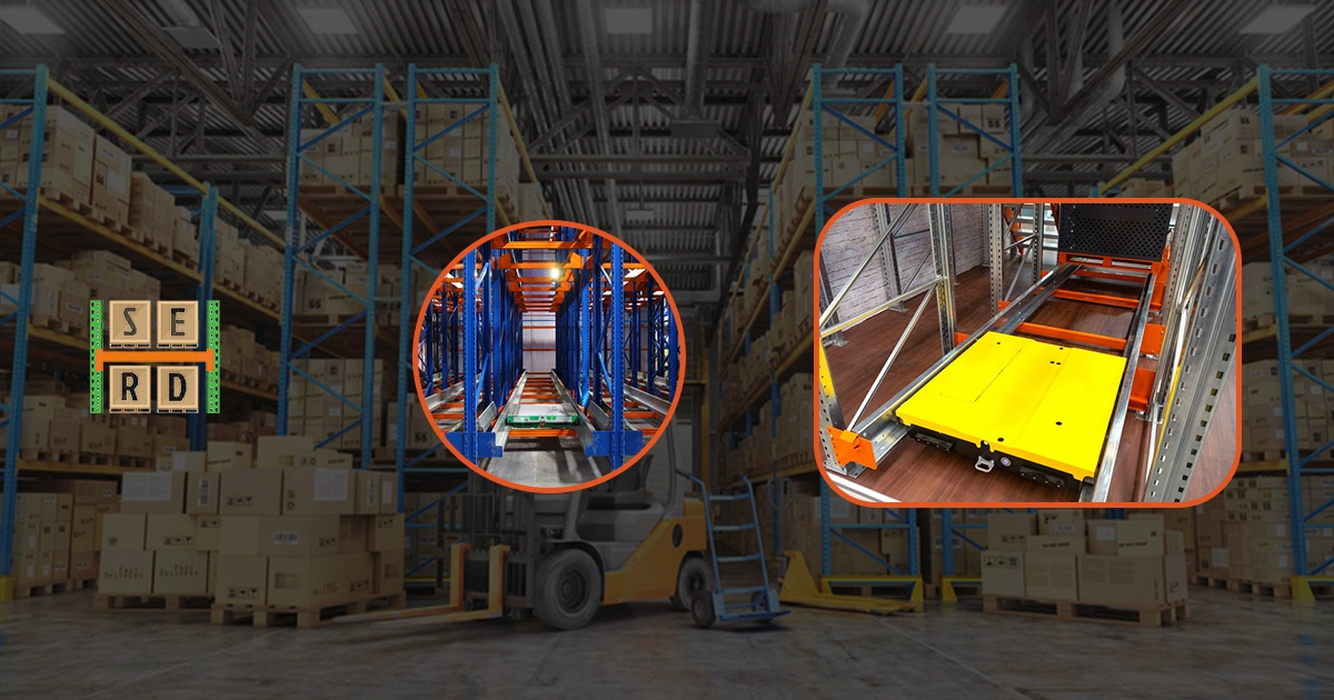 Automated radio shuttle system for high-density warehouse storage.