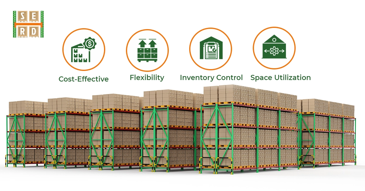 Warehouse filled with selective pallet racking systems highlighting cost-effectiveness, flexibility, inventory control, and space utilization.