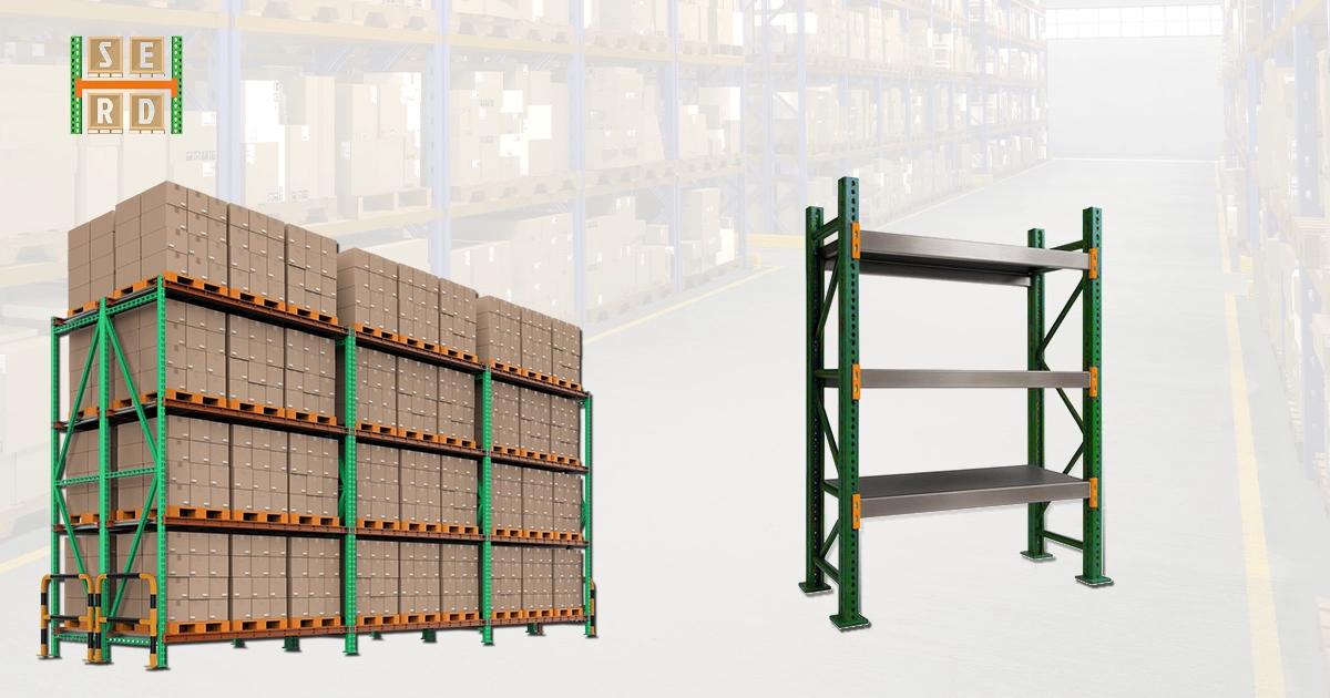 Selective pallet racking system with cartons stacked on one side and an empty rack on the other.