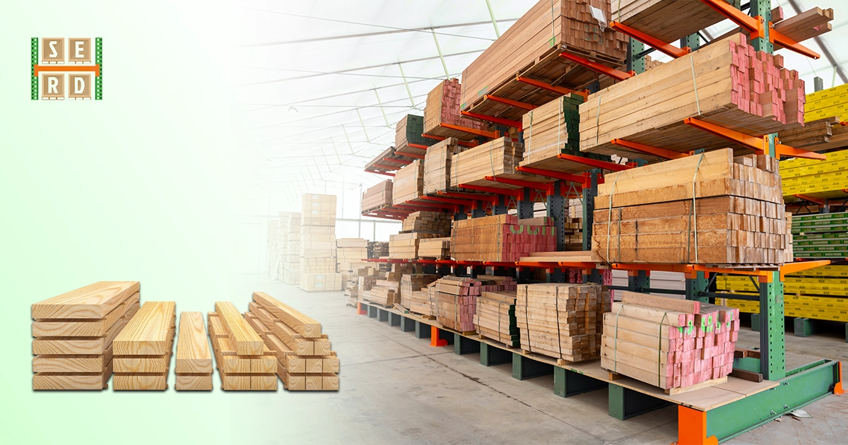 Stacks of lumber stored on heavy duty timber racking systems for warehouses.