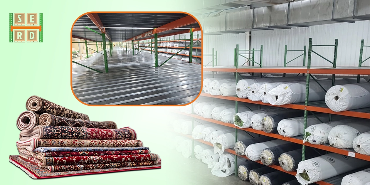 Carpet rolls stored efficiently using space-saving methods to keep them upright and tidy.