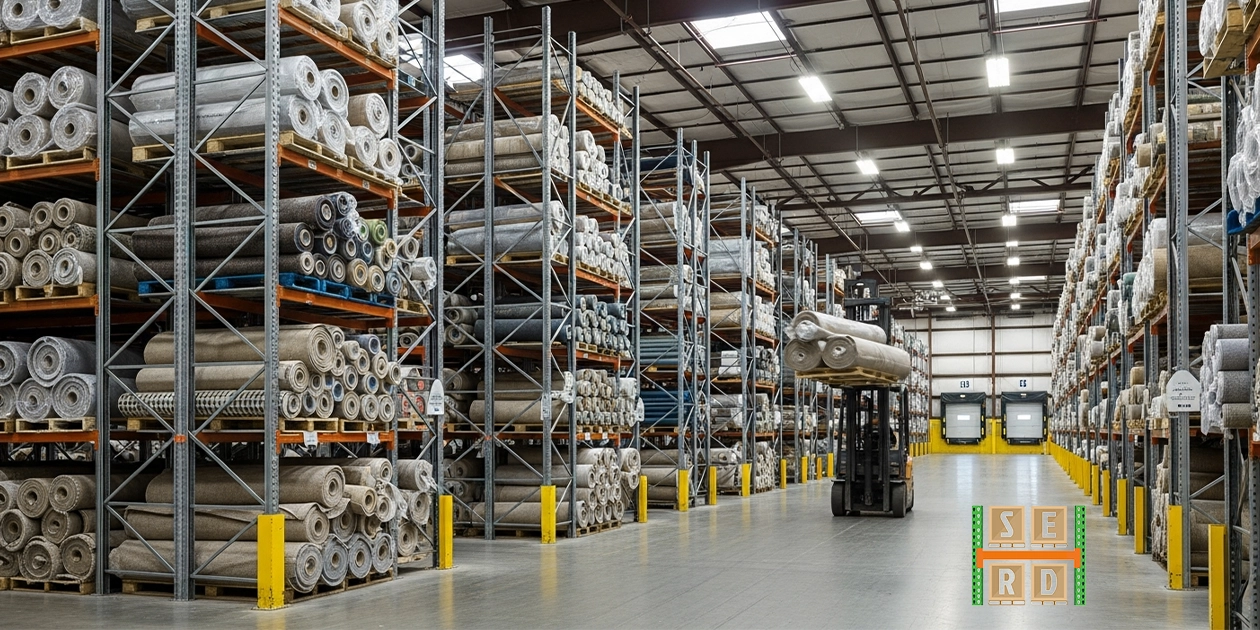 Sturdy carpet racks holding multiple rolls securely for display and storage.
