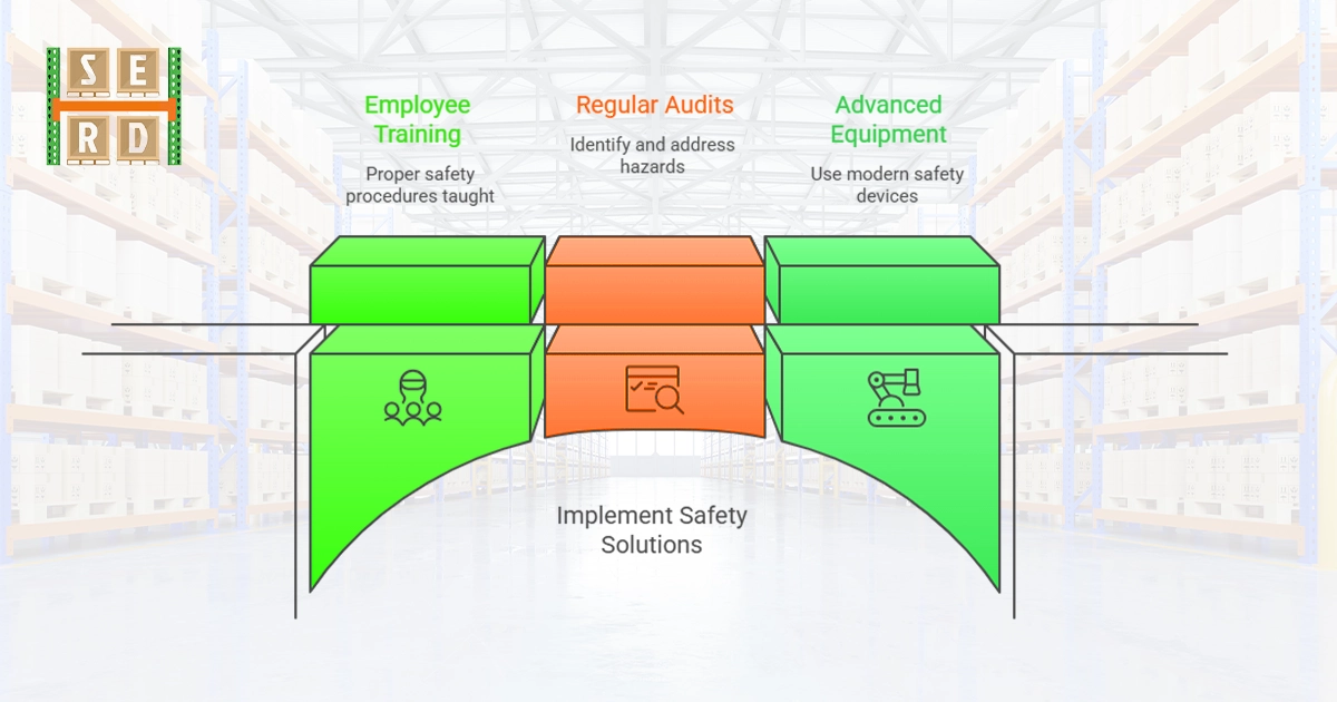An infographic displays three steps for warehouse safety: "Employee Training" (green, with an icon of three figures), "Regular Audits" (orange, with a document and magnifying glass icon), and "Advanced Equipment" (green, with a robotic arm icon). Text below indicates "Implement Safety Solutions". The background shows blurred warehouse shelves.