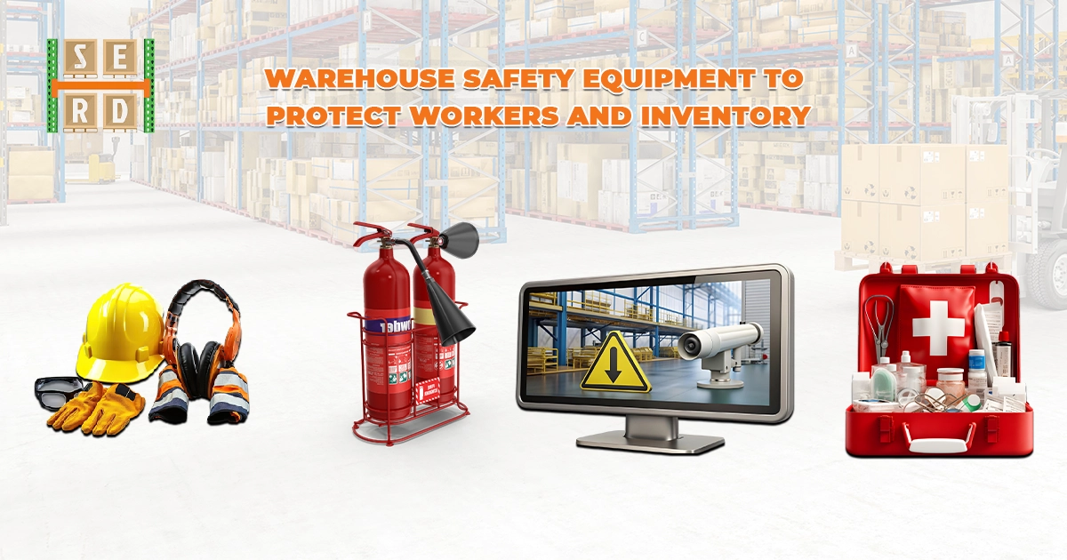 A yellow hard hat, safety glasses, gloves, and ear protection are on the left. In the middle, two red fire extinguishers sit next to a black and white monitor displaying a warehouse security camera and a yellow warning sign. On the right, a red first aid kit is open, filled with medical supplies. The background is a warehouse with the text "WAREHOUSE SAFETY EQUIPMENT TO PROTECT WORKERS AND INVENTORY".