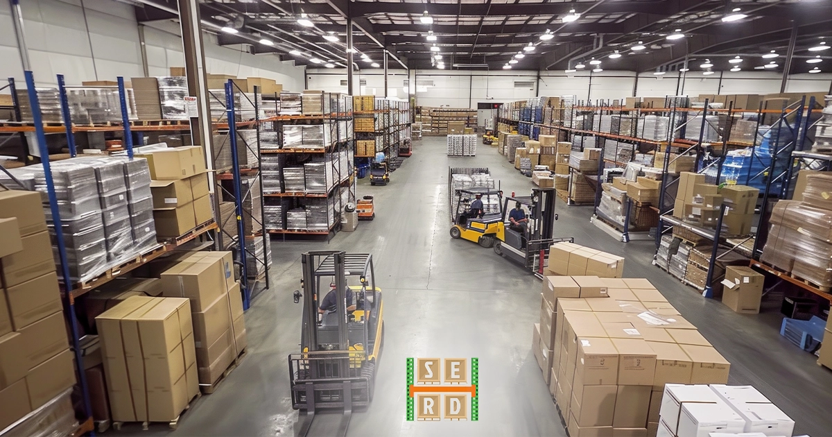 Large, busy warehouse filled with rows of industrial shelving stacked high with boxes and goods, with multiple forklifts and workers actively moving inventory.