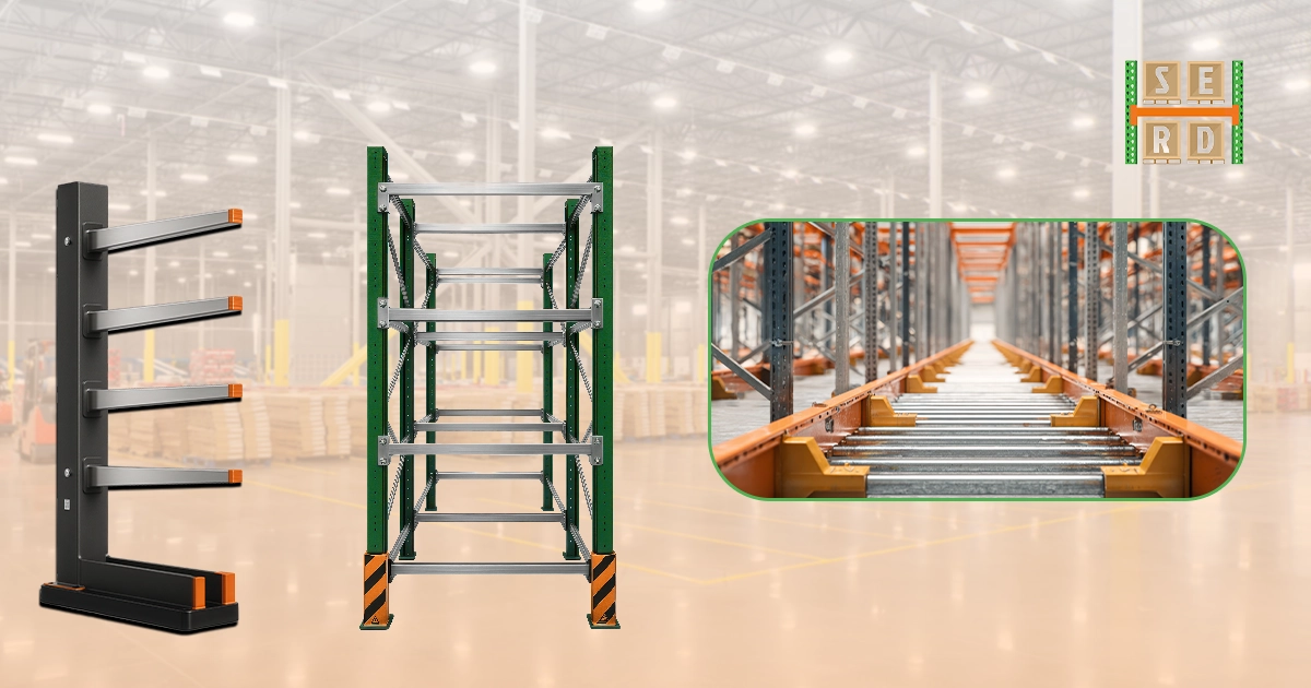 Various pallet racking solutions including cantilever racking on the left, a green upright pallet racking system in the center, and a close-up of a pallet flow racking system on the right, all within a warehouse setting.
