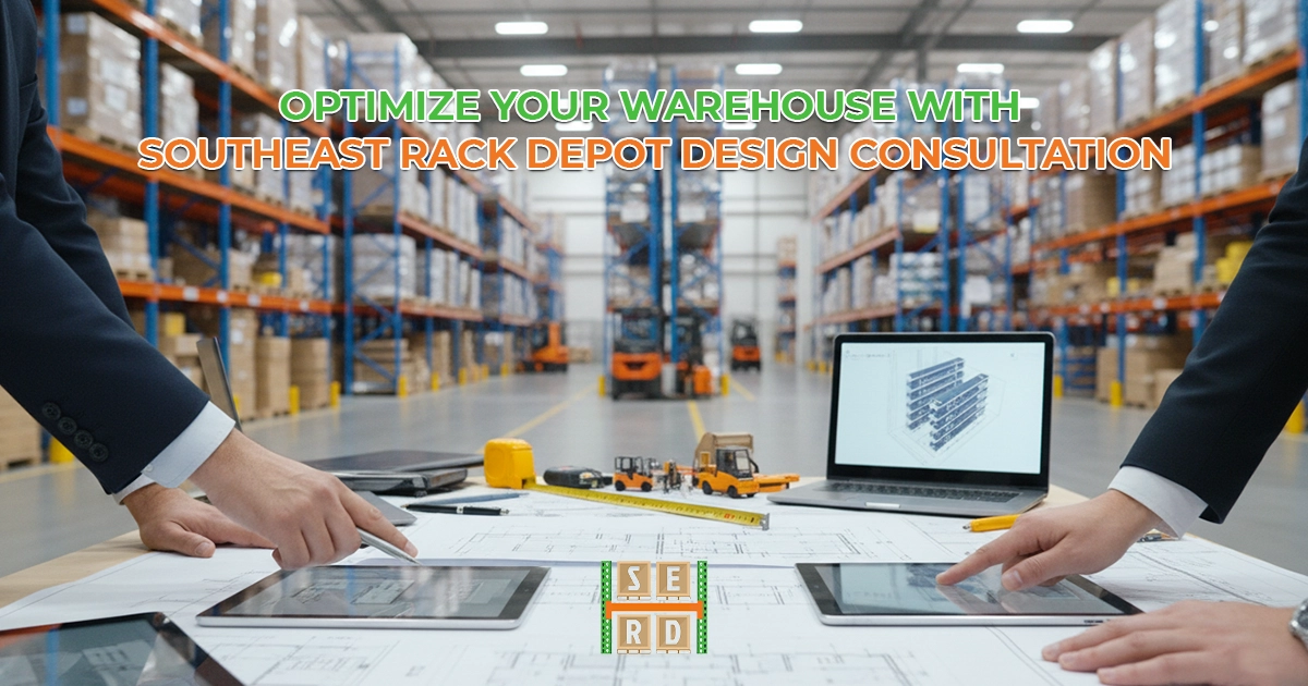 Warehouse optimization design consultation banner, showing professionals reviewing blueprints with a laptop displaying rack designs, in front of a busy warehouse.