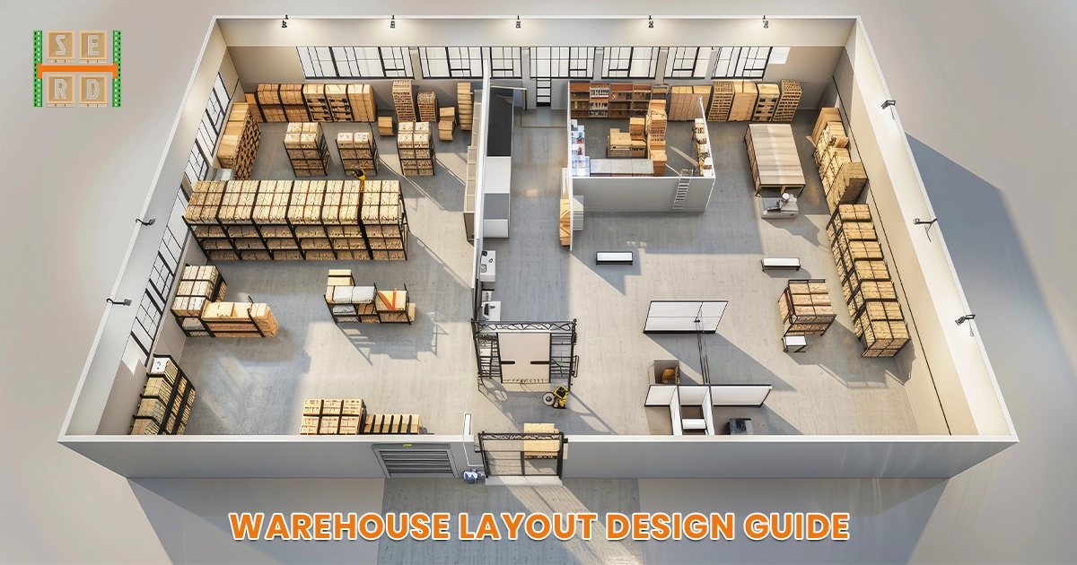 Overhead 3D rendering of an efficient warehouse layout, featuring organized storage, shelving, and work areas, for a 'Warehouse Layout Design Guide'.