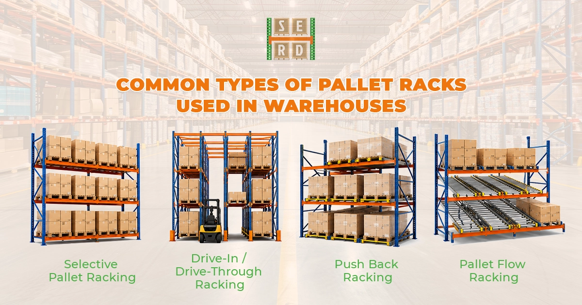 Model of an empty, multi-tier industrial storage rack featuring green upright frames, orange load beams, and wooden decking.