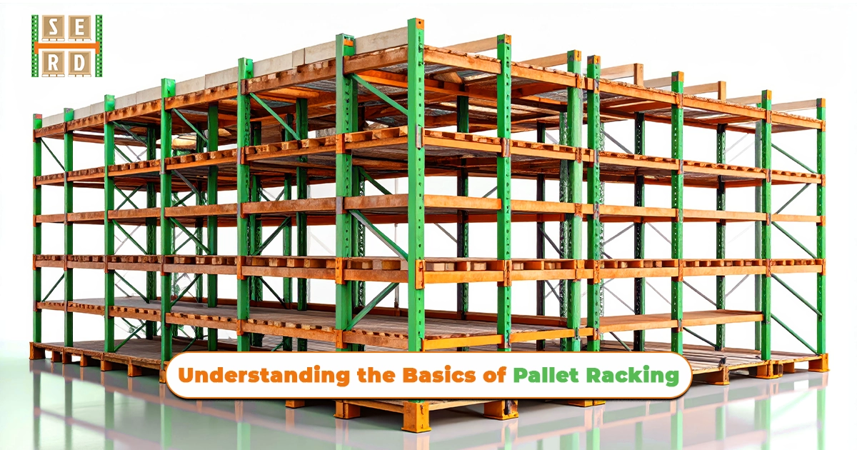 Showcasing four industrial warehouse storage systems which are Selective, Drive-In, Push Back, and gravity-fed Pallet Flow racking.