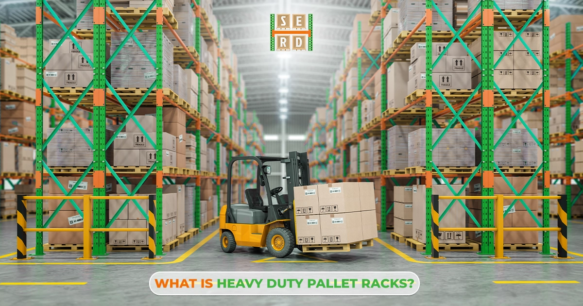 A forklift operating in a warehouse aisle filled with organized heavy duty pallet racks.