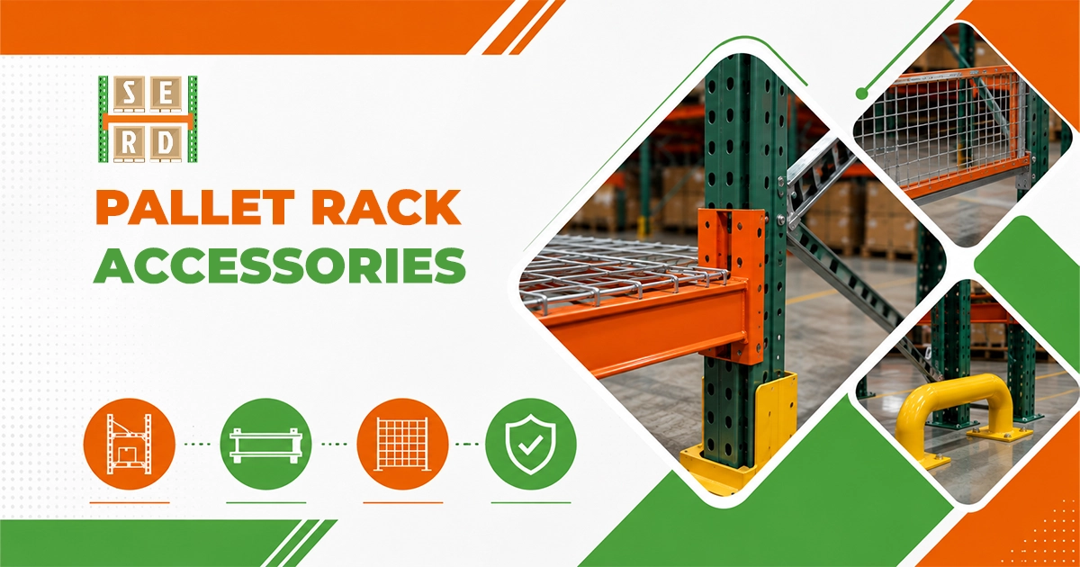 Pallet rack accessories guide showcasing wire decking, column guards, and rack safety barriers