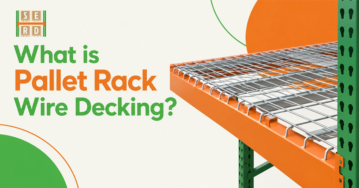 Diagram showing wire decking installed on an orange and green pallet rack with text asking What is Pallet Rack Wire Decking