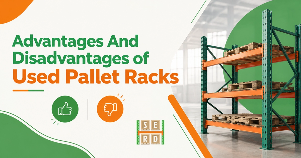 Infographic banner highlighting the advantages and disadvantages of used pallet racks with warehouse racking graphics