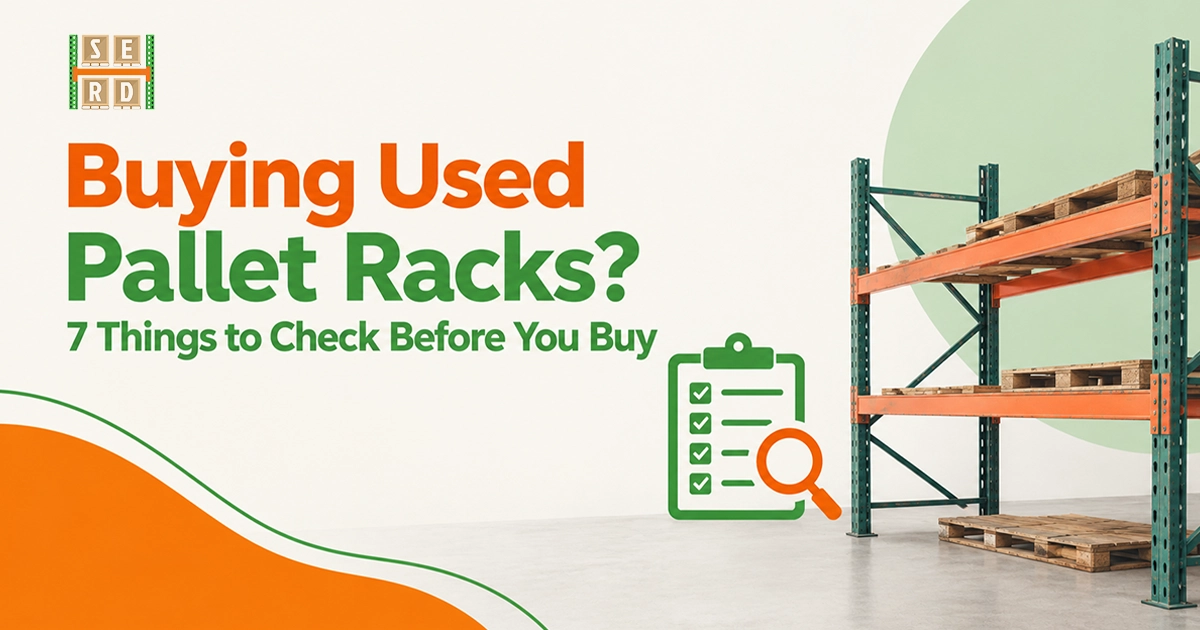 Banner titled Buying Used Pallet Racks? 7 Things to Check Before You Buy featuring a checklist icon and warehouse pallet racking