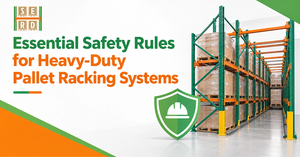 A banner displaying text "Essential Safety Rules for Heavy-Duty Pallet Racking Systems" alongside a green safety shield icon with a hard hat, set against a warehouse aisle with tall green and orange pallet racks filled with inventory